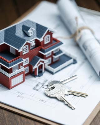 modele-de-maison-de-villa-cle-et-dessin-sur-retro-bureau-concept-de-vente-immobilier